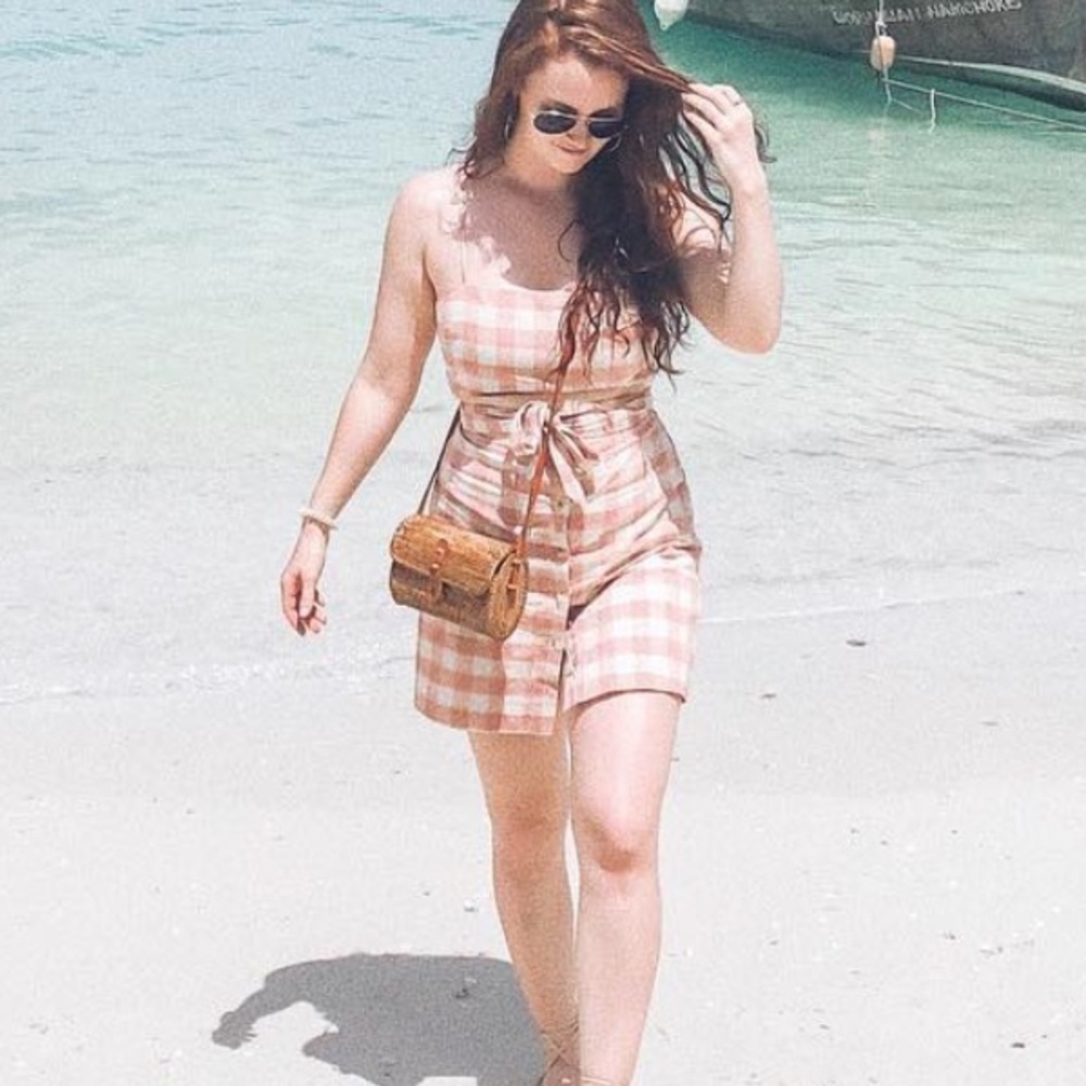 pink gingham open front mini dress